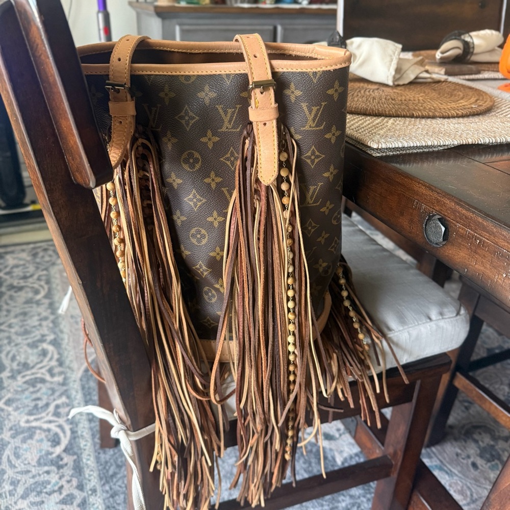 Vintage Boho Revamped Louis Vuitton Monogram Fringe Bag in Brown and Tan